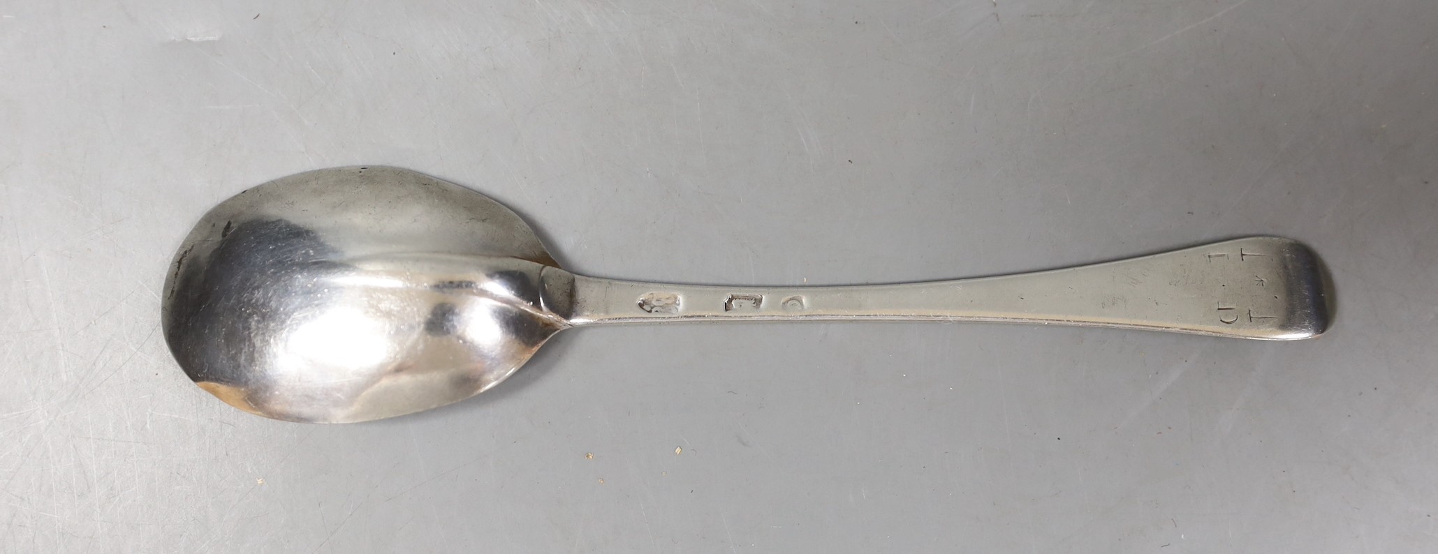 An early 18th century silver Hanoverian rat-tail spoon, indistinct marks, 18.8cm, 47 grams.